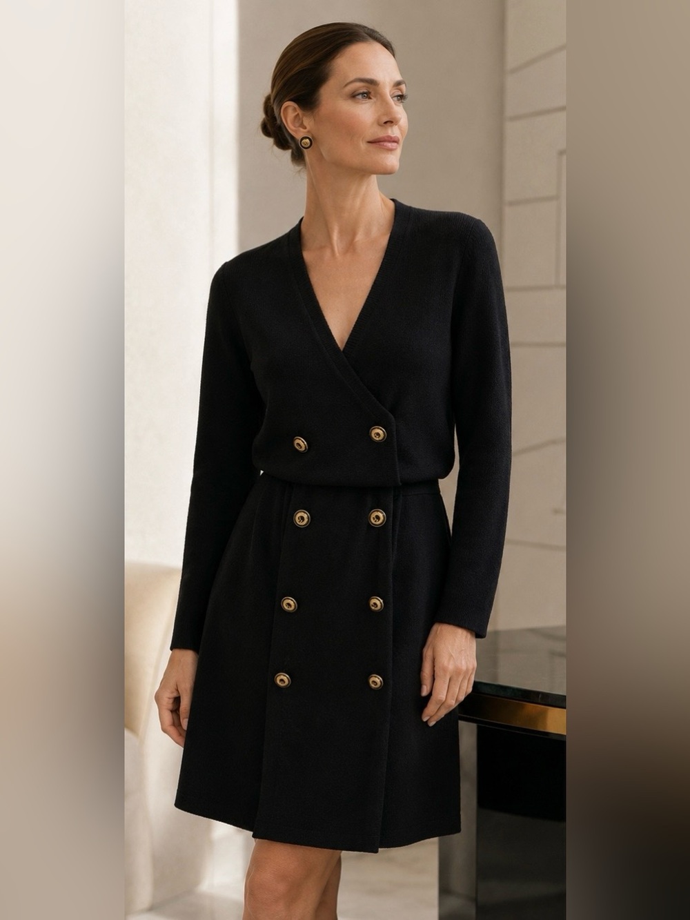 St. John Collection Vintage Black Knit Gold Button Dress Size 2 EUC